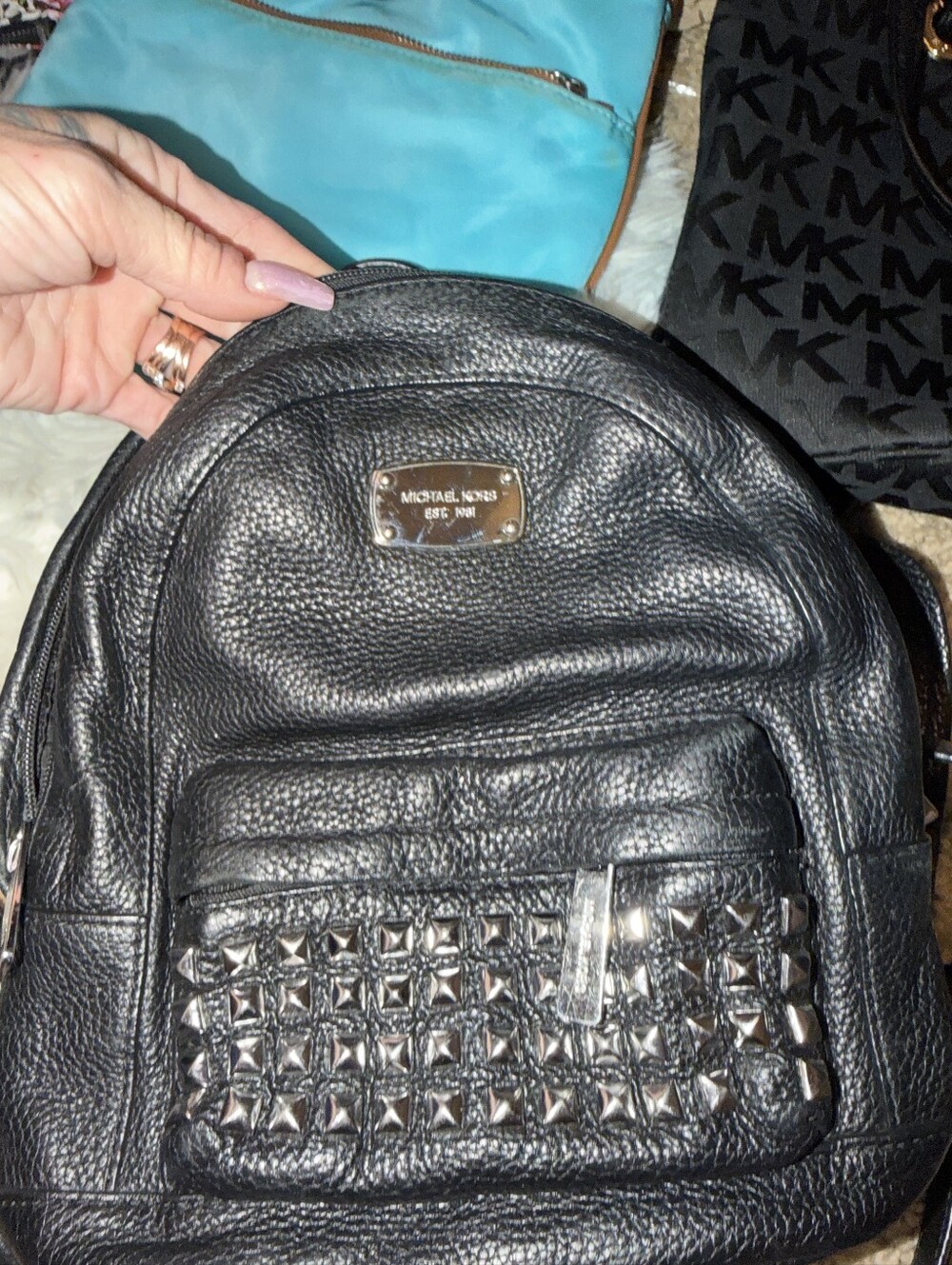 Michael Kors Black Studded Pebbled Leather Mini Backpack